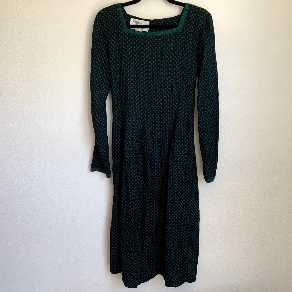 Sarah Elizabeth Vintage Green Black Diamond Print Rayon Cottagecore Dress Size 8